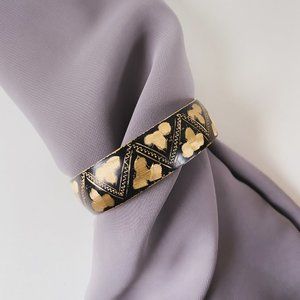 Vintage Damascene Black Enamel Brass Zig Zag Club Design Oval Bangle Bracelet